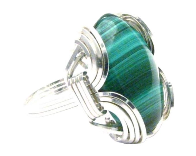 Malachite Ring Sterling Silver Wire Wrapped Handmade