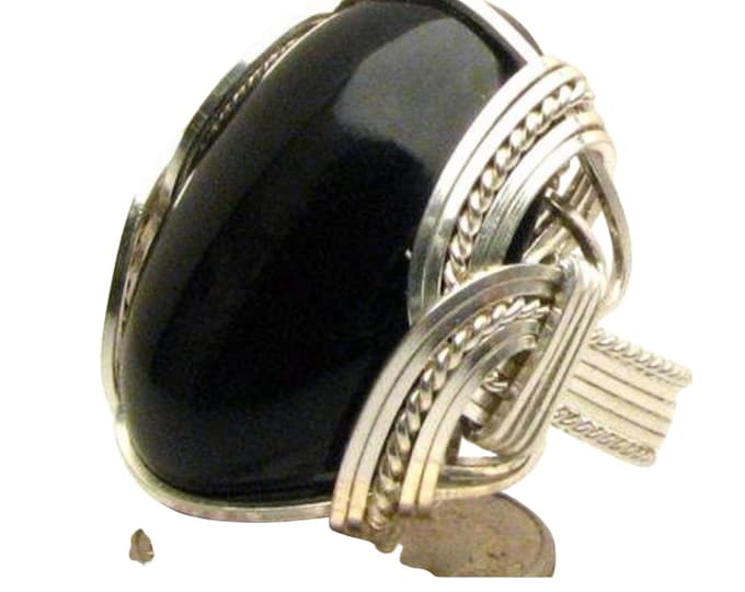 Black Onyx Ring Sterling Silver Wire Wrapped, Handcrafted Jewelry