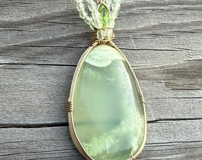 Ptehnite and  Peridot wire wrapped gold pendant and Neckless One of a kind