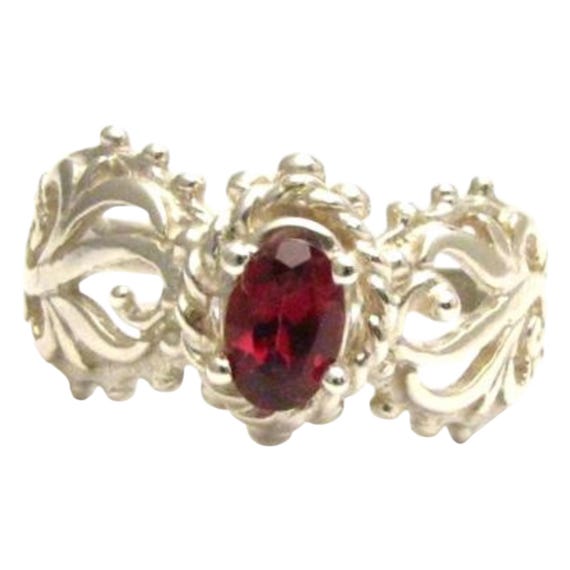 Red Burgundy Rhodolite Garnet Filigree Swirled Design Solid Sterling Silver.  Custom Sized to fit you. Great Gift Idea
