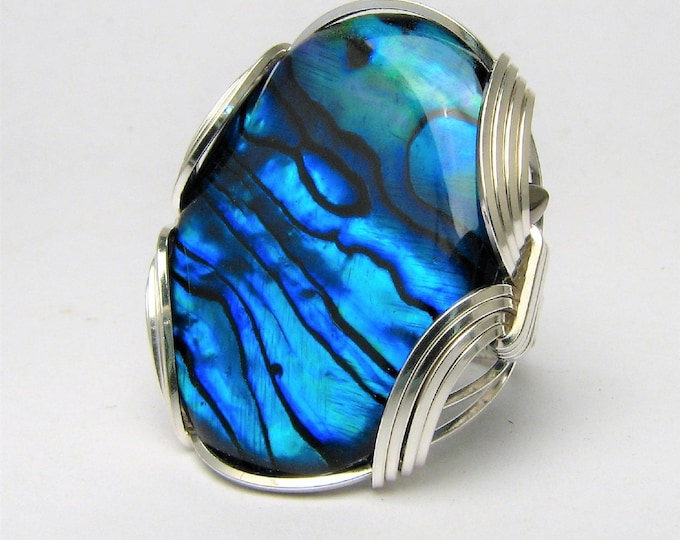 Handmade Sterling Silver Wire Wrap Ring: Blue Paua Gemstone Cabochon