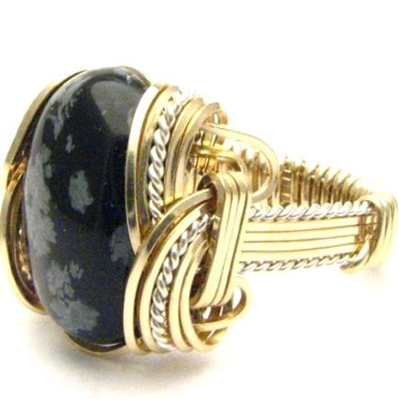 Handmade Wire Wrap Two Tone Sterling Silver/14kt Gold  Snowflake Agate Ring Great Gift Idea