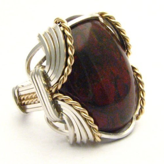 Handmade Wire Wrap Sterling Silver/14kt Gold  Poppy Jasper Cabochon Ring Great Gift Idea