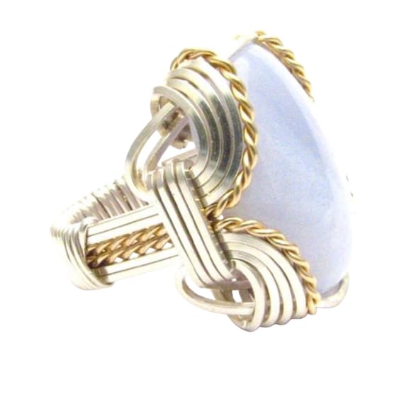 Handmade Wire Wrap Two Tone Sterling Silver/14kt Gold  Blue Lace Agate Cabochon Ring