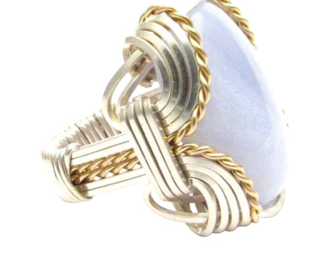 Handmade Wire Wrap Two Tone Sterling Silver/14kt Gold  Blue Lace Agate Cabochon Ring