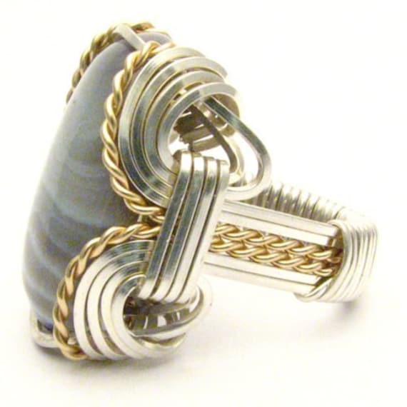 Handmade Wire Wrap Sterling Silver/14kt Gold  Botswana Agate Ring Great Gift Idea