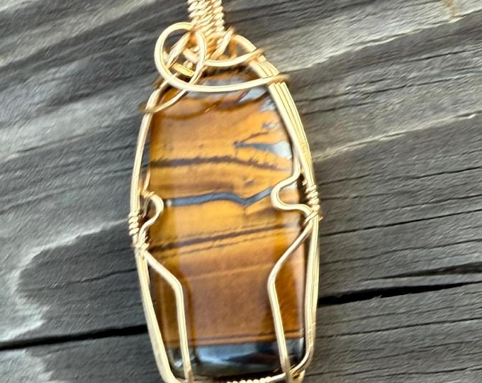 Tiger eye wire wrapped gold pendant  and Neckless One of a kind