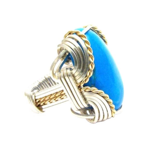 Handmade Wire Wrap Sterling Silver/14kt Gold  Howlite Dyed Turquoise Cabochon Ring Great Gift Idea