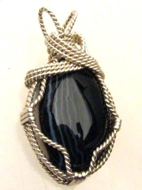Handmade Solid Sterling Silver Wire Wrap Black Onyx Pendant