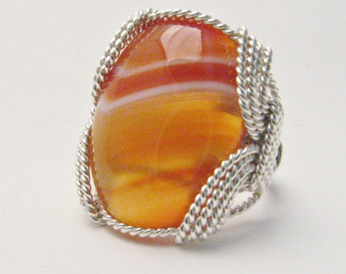 Red Sardonyx Wire Wrapped Sterling Silver Ring:   Statement Ring