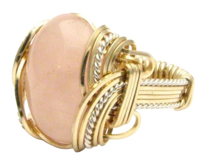 Handmade Rose Quartz Ring: Two-Tone Sterling Silver & 14kt Gold Wire Wrap