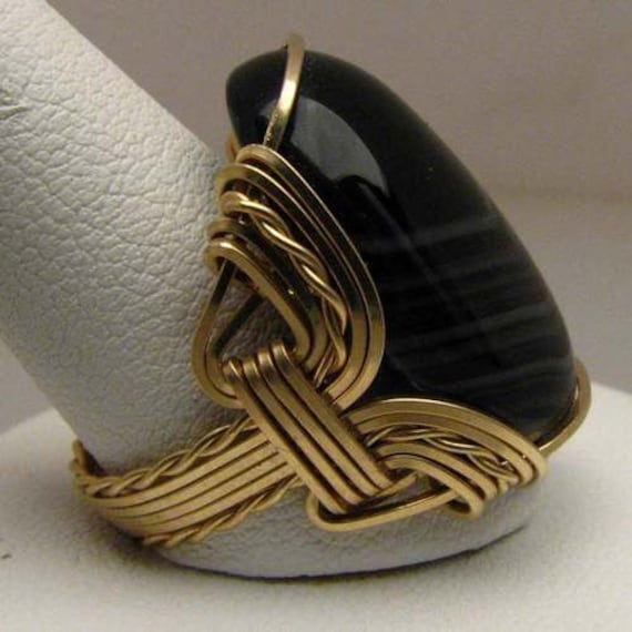 Handmade 14kt Gold  Wire Wrapped Vintage Striped Black Onyx Ring Great Gift Idea