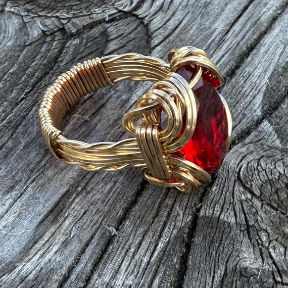 Vintage Handcrafted Victorian 14kt Gold Filled Wire Wrap Red Ruby gemstone Ring 14kt Gold Filled Wire Wrap Red Ruby ring
