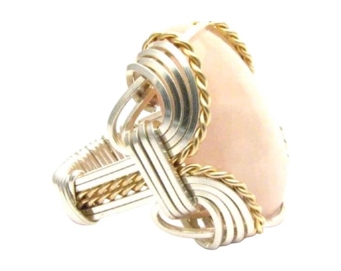 Handmade Rose Quartz Ring: Sterling Silver & 14kt Gold Wire Wrap