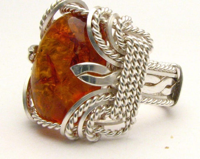 Amber Sterling Silver Ring: Handmade Oval 18x13mm Wire Wrapped