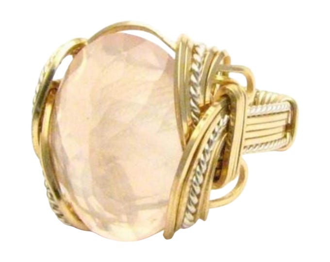 Handmade Rose Quartz Ring: Two-Tone Sterling Silver & 14kt Gold Filled Wire Wrap