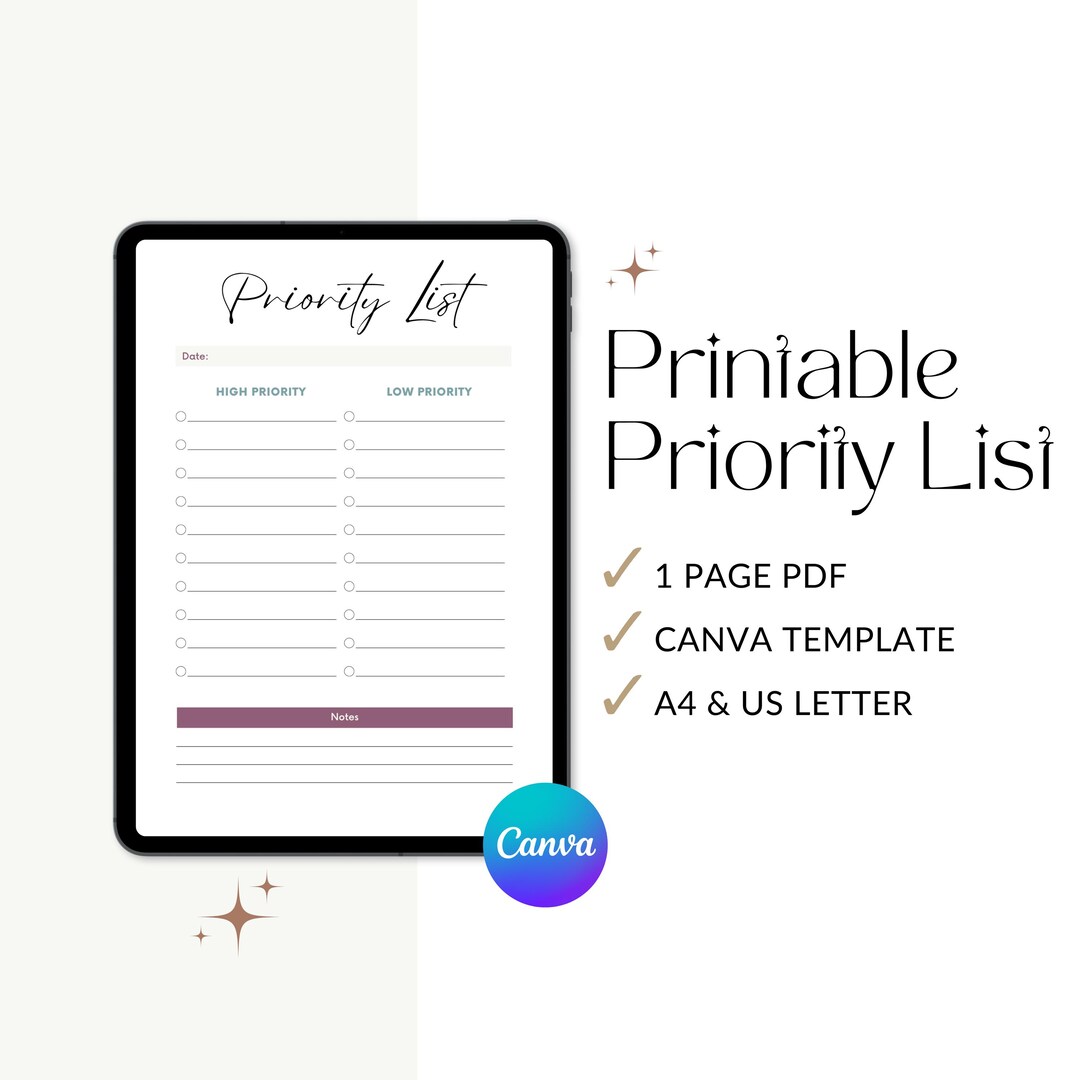 Printable Priority List Editable Canva Template Printable Planner ...