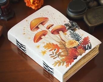 Mushroom Leather Grimoire Book of Shadows Journal, Handmade Blank Spellbook with Antique Deckle Edge Paper Writing Diary Witchcraft Notebook