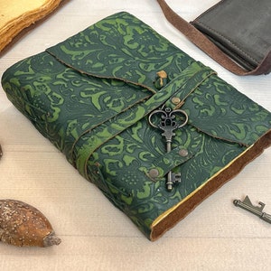 Green Floral Embossed Leather Journal: Vintage Book of Shadows, Brass Key