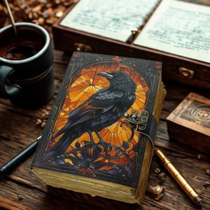 400 Page Raven Grimoire Leather Journal, Gothic Notebook Crow Spell Book of Shadows, Vintage Witch Diary Gift for women, Halloween Gifts