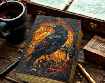 400 Page Raven Grimoire Leather Journal, Gothic Notebook Crow Spell Book of Shadows, Vintage Witch Diary Gift for women, Halloween Gifts