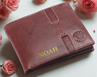 Personalized Leather Wallet for Men Handmade Custom Engraved Bifold with Coin Pocket Anniversary Birthday Gift for Husband Dad Son Boyfriend