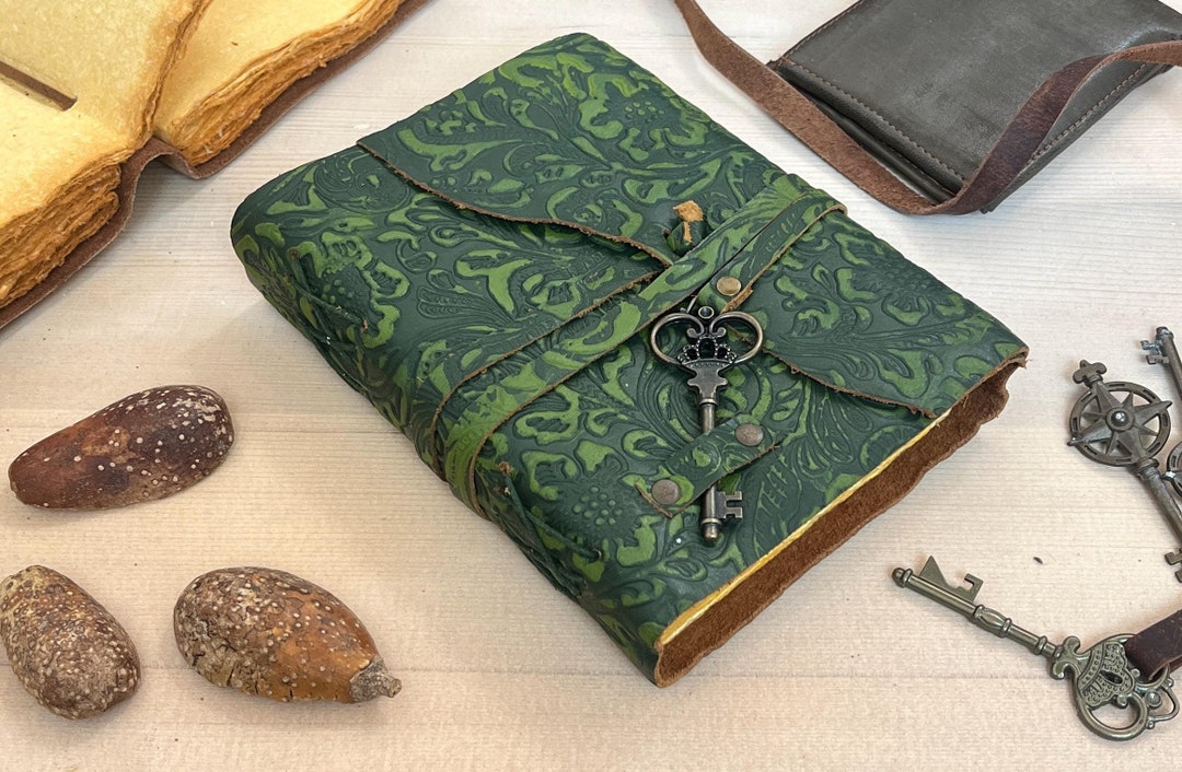 Green Floral Embossed Leather Journal: Vintage Book of Shadows, Brass ...