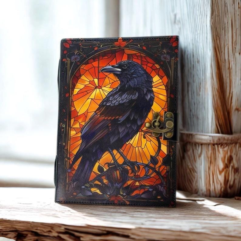 400 Page Raven Grimoire Leather Journal, Gothic Notebook Crow Spell Book of Shadows, Vintage Witch Diary Gift for women, Halloween Gifts