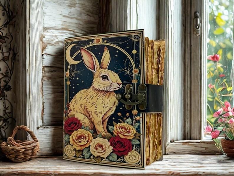 Large 400 Pages Rabbit Grimoire Leather Journal Notebook Journal for women, Handmade Vintage Grimoire Spell Book of Shadows, Witch Notebook