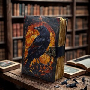 400 Page Raven Grimoire Leather Journal, Gothic Notebook Crow Spell Book of Shadows, Vintage Witch Diary Gift for women, Halloween Gifts