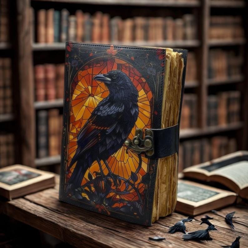 400 Page Raven Grimoire Leather Journal, Gothic Notebook Crow Spell Book of Shadows, Vintage Witch Diary Gift for women, Halloween Gifts