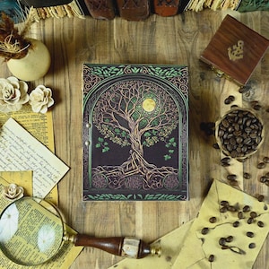 400 pages Tree of Life Grimoire Leather Journal for Women and Men, Spell Notebook book of shadows Handmade Deckle Edge Paper Diary With Lock