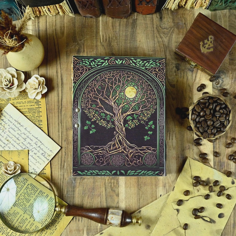 400 pages Tree of Life Grimoire Leather Journal for Women and Men, Spell Notebook book of shadows Handmade Deckle Edge Paper Diary With Lock