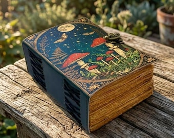 Puede incluir: Un diario rectangular con una cubierta azul oscuro que presenta una ilustración de setas rojas, helechos y un cielo nocturno con luna y una polilla. El libro tiene páginas gruesas, texturizadas y de color beige con un cierre metálico.