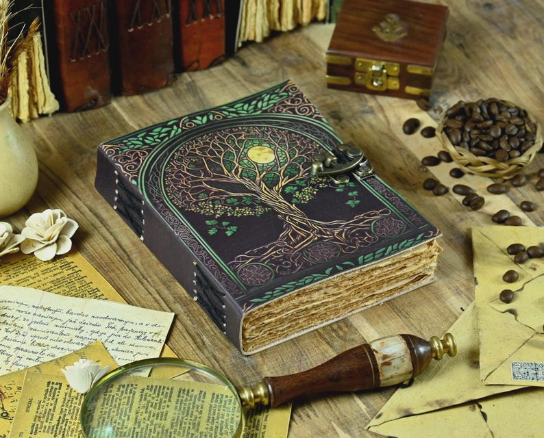 400 pages Tree of Life Grimoire Leather Journal for Women and Men, Spell Notebook book of shadows Handmade Deckle Edge Paper Diary With Lock