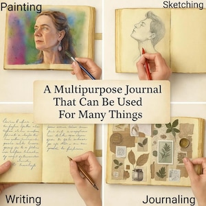 May include: A multipurpose journal with examples of painting, sketching, writing, and journaling. The journal is open to various pages, each showcasing a different creative activity. The text on the image reads: "A Multipurpose Journal That Can Be Used For Many Things."