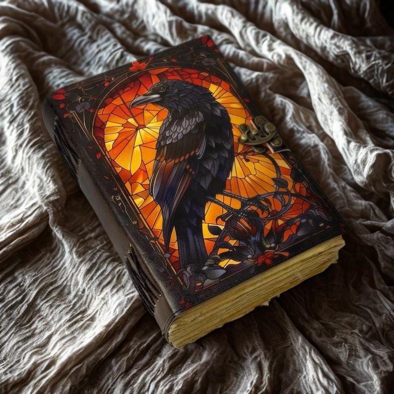 400 Page Raven Grimoire Leather Journal, Gothic Notebook Crow Spell Book of Shadows, Vintage Witch Diary Gift for women, Halloween Gifts