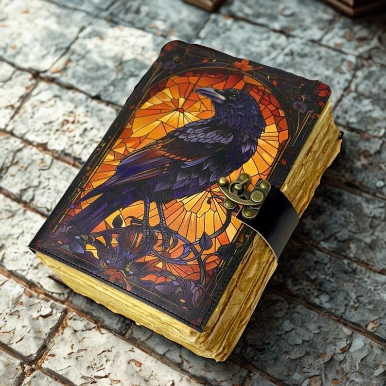 400 Page Raven Grimoire Leather Journal, Gothic Notebook Crow Spell Book of Shadows, Vintage Witch Diary Gift for women, Halloween Gifts
