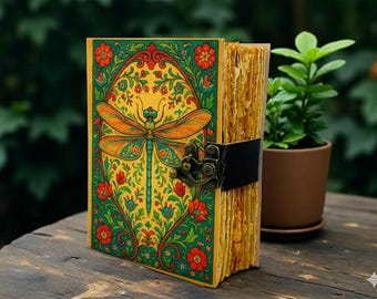 Dragonfly Leather Grimoire Thick Vintage Deckle Paper Junk Journal Wiccan Spell Book of Shadows Pagan Witchy Notebook & Magical Scrapbook