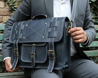Turquoise Blue Leather Laptop Bag Men's Business Messenger Briefcase Handmade Leather Satchel Shoulder Work Bag Personalized Gift for Him