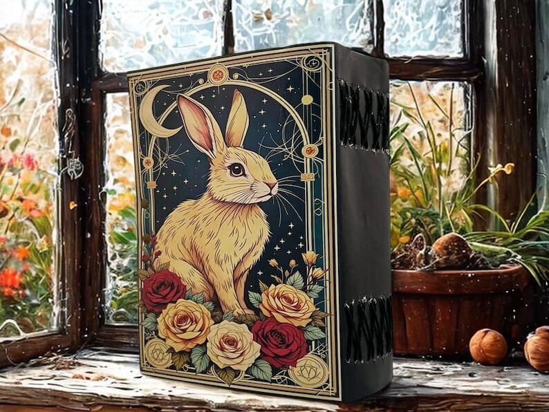 Large 400 Pages Rabbit Grimoire Leather Journal Notebook Journal for women, Handmade Vintage Grimoire Spell Book of Shadows, Witch Notebook