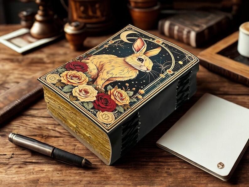 Large 400 Pages Rabbit Grimoire Leather Journal Notebook Journal for women, Handmade Vintage Grimoire Spell Book of Shadows, Witch Notebook
