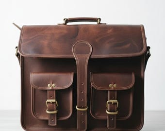 Handmade Leather Messenger Bag for Men Personalised Rustic Brown Laptop Briefcase Crossbody Satchel Travel Work Office Bag Anniversary Gift