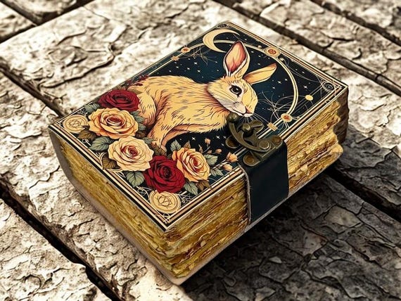 Rabbit Grimoire Leather Journal, Vintage Spell Book, Witch Notebook