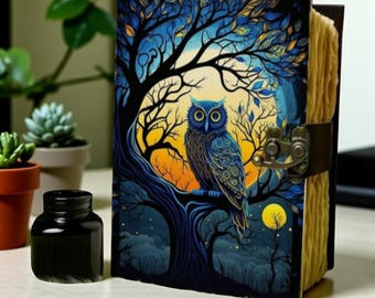 Owl Leather Grimoire Journal Book of Shadows Witchcraft Notebook Moon Phase Spell Book Blank Witch Journal Wiccan Junk Journal Gift