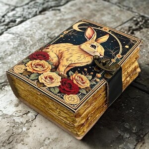 Large 400 Pages Rabbit Grimoire Leather Journal Notebook Journal for women, Handmade Vintage Grimoire Spell Book of Shadows, Witch Notebook