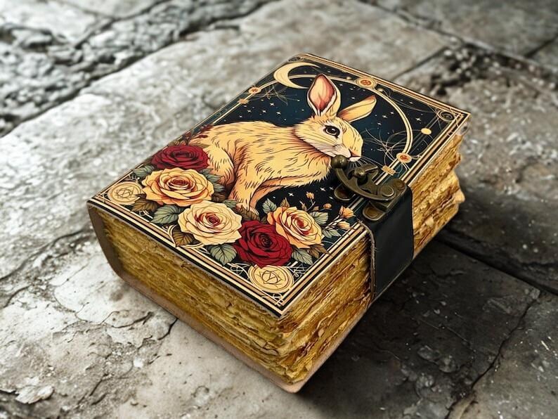 Large 400 Pages Rabbit Grimoire Leather Journal Notebook Journal for women, Handmade Vintage Grimoire Spell Book of Shadows, Witch Notebook