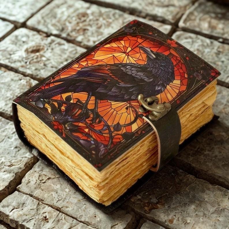 400 Page Raven Grimoire Leather Journal, Gothic Notebook Crow Spell Book of Shadows, Vintage Witch Diary Gift for women, Halloween Gifts