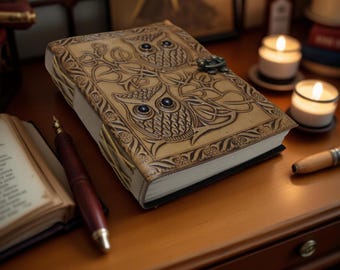 Personalized Owl Leather Grimoire Journal Handmade Blank Spell Book of Shadow Leather Sketchbook Travel Notebook Writers Gift For Her Him