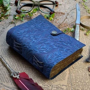 May include: A blue leather journal with an embossed floral design, secured by a button clasp. The journal's pages have a golden hue. A pen, glasses, knife, and magnifying glass are arranged around the journal on a vintage paper background.